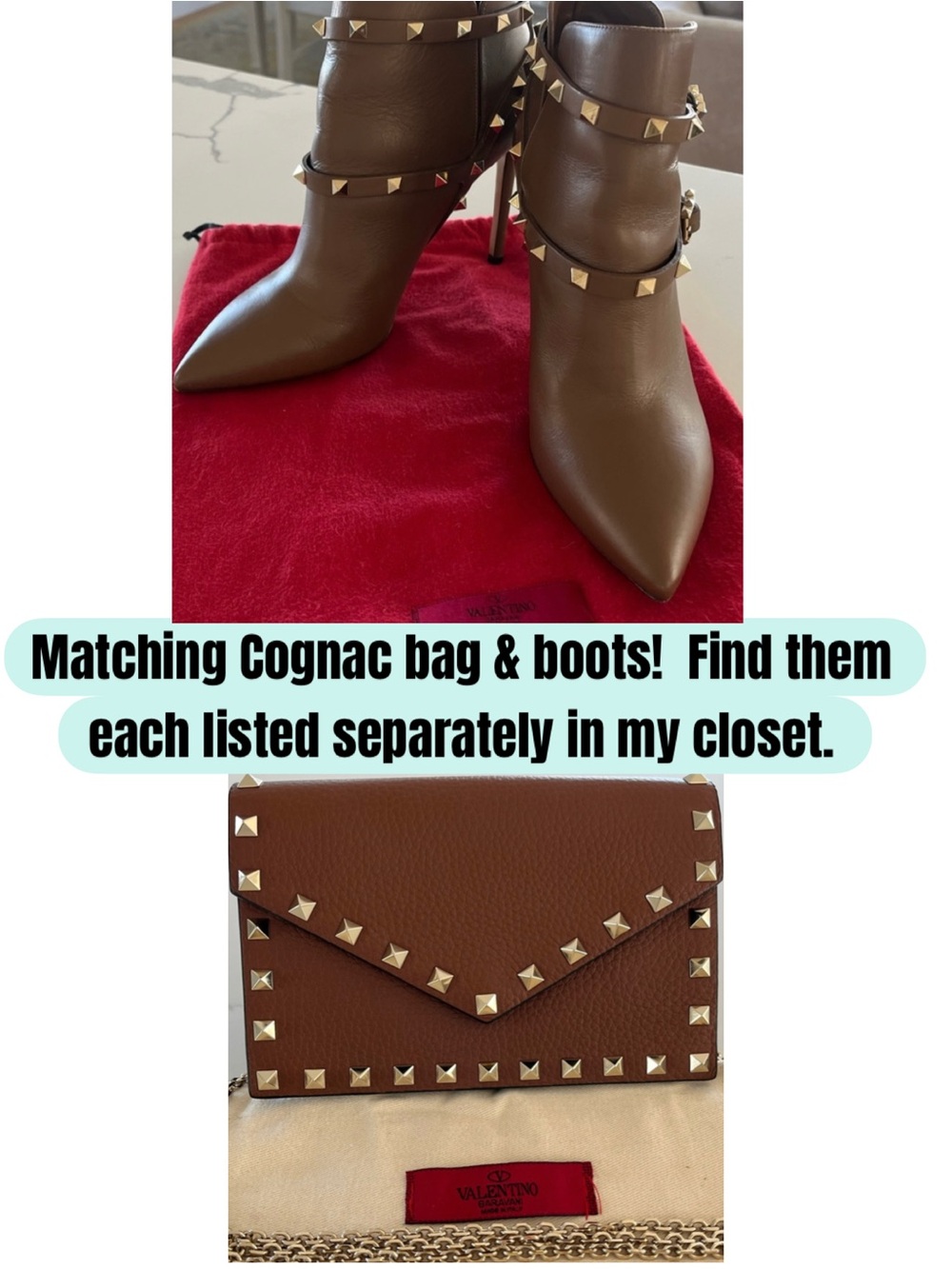 Valentino Garavani Rockstud Ankle Heeled Boots Cognac Booties Size 39.5 - Picture 3 of 14
